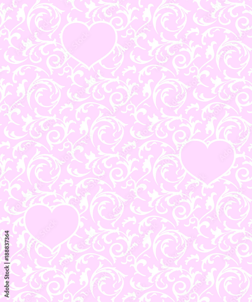 Pink seamless pattern with hearts and white floral element. Baroque Valentines day love vector background.