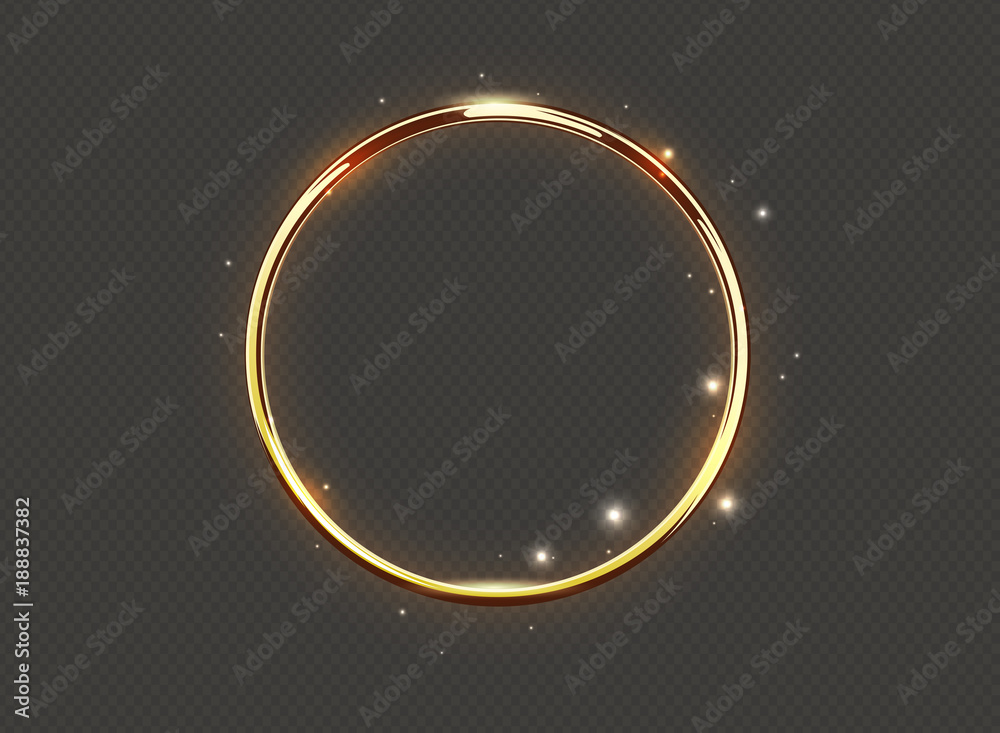 Abstract luxury golden glow ring on transparent background. Vector light circles spotlight and sparks light effect. Gold color round sparkling frame. - obrazy, fototapety, plakaty 
