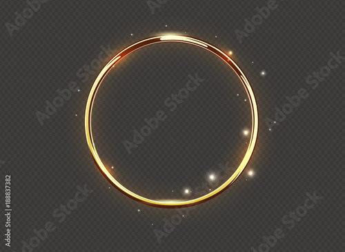 Abstract luxury golden glow ring on transparent background. Vector light circles spotlight and sparks light effect. Gold color round sparkling frame. photo