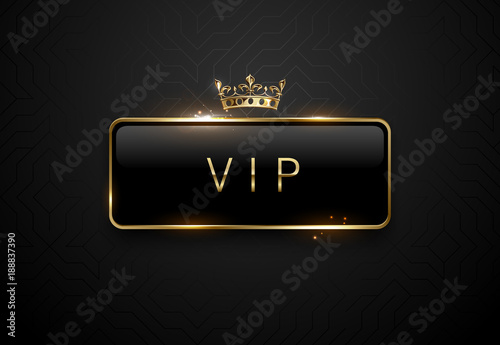 Vip black label with golden frame sparks and crown on black background. Dark premium template. Vector illustration.