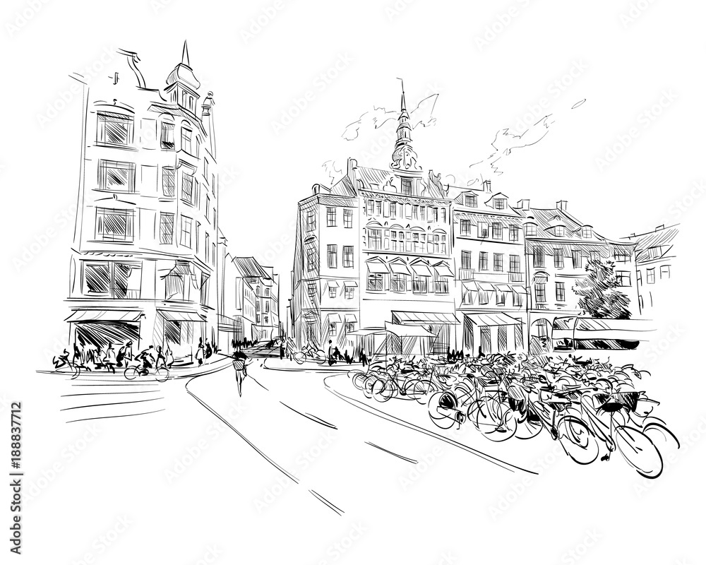 Copenhagen. Denmark. Europe. Hand drawn vector illustration.