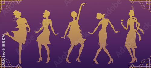 Charleston Party.Gold silhouette dancer.Gatsby style set. Group of retro woman dancing charleston.Vintage style. retro silhouette dancer.1920 party vector background.Swing dance girl