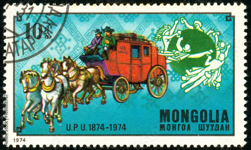Ukraine - circa 2018: A postage stamp printed in Mongolia show Post coach. Series: U.P.U. Universal Postal Union, Centenary. Circa 1974.
