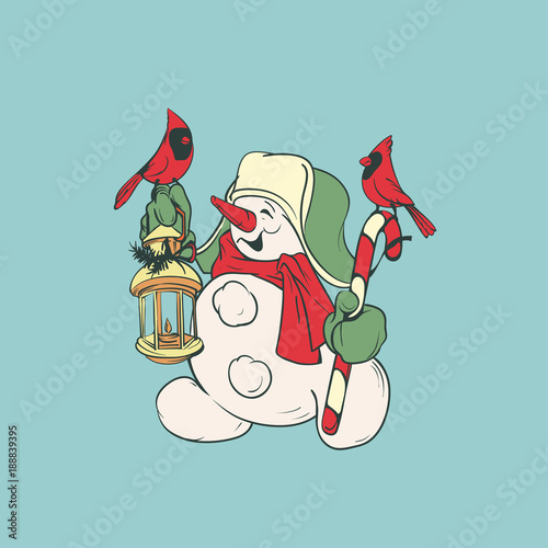 Cute smiling snowman with candy cane and lantern, cardinal birds