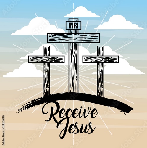 receive jesus three cross sky light catholicism vector illustration