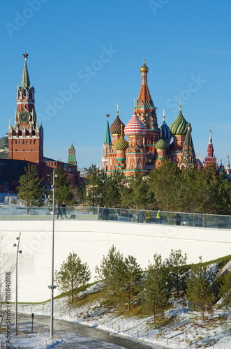 Landscape Park "Zaryadye" in Moscow, Russia. The views of St. Basil's Cathedral and tower of the Moscow Kremlin in winter day