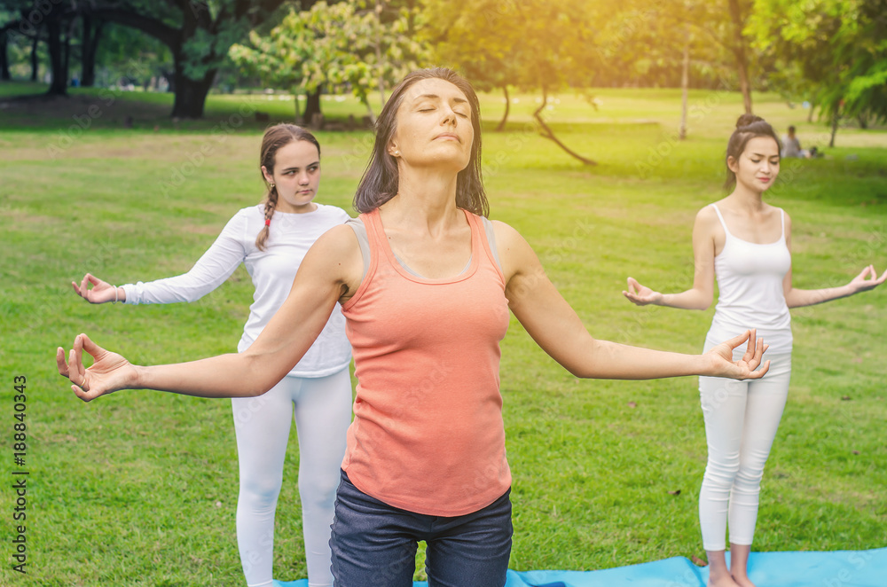 Obraz premium Healthy life exercise concept - Yoga class concept young woman in yoga class on the park