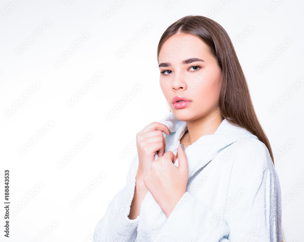 beautiful young woman with long hair wearing bath robe beautiful young woman with long hair wearing bath robe