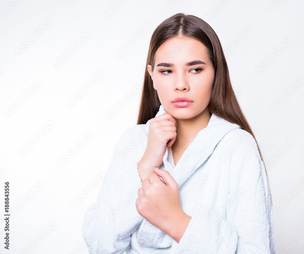 beautiful young woman with long hair wearing bath robe beautiful young woman with long hair wearing bath robe