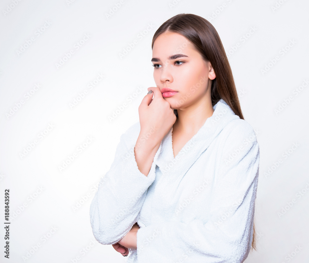 beautiful young woman with long hair wearing bath robe beautiful young woman with long hair wearing bath robe