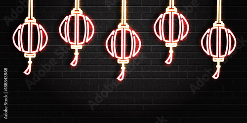 Vector realistic isolated neon sign with Chinese Lanterns for decoration and covering on the wall background. Concept of Chinese New Year.