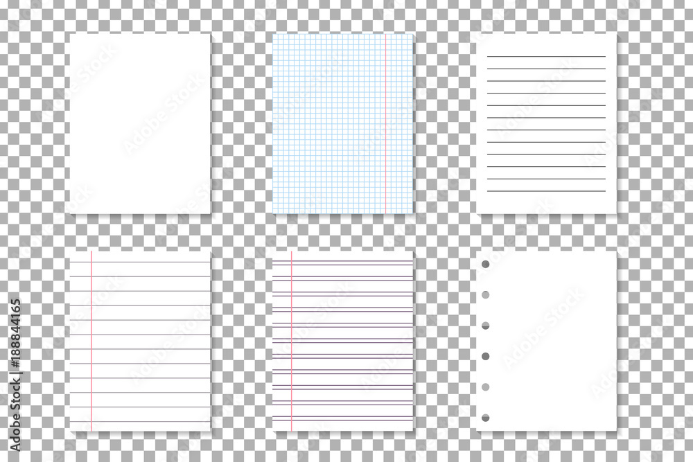 Vector set of isolated notebook paper lists for decoration and covering on the transparent background. Concept of note, posting and education. Vector set of isolated notebook paper lists for decoration and covering on the transparent background. Concept of note, posting and education.