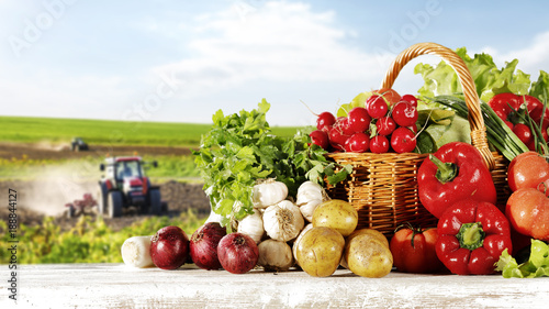 Fototapeta Naklejka Na Ścianę i Meble -  spring vegetables and desk of free space 