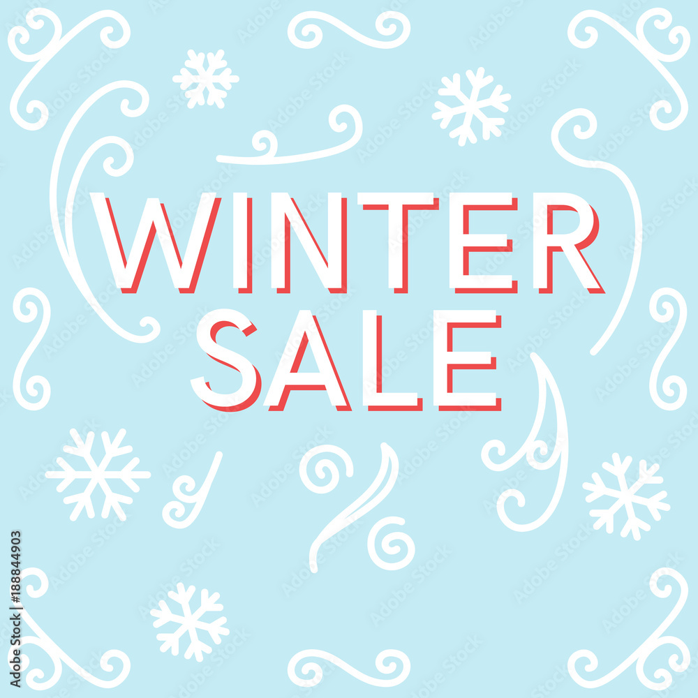 Winter sale poster, banner or flyer on blue ice background with curves, swirls and snowflakes. Isolated flat line art style illustration.