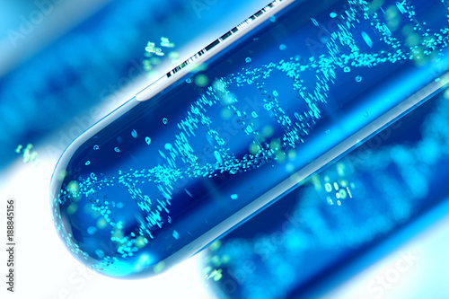 Molecule of DNA forming inside the test tube equipment.3d rendering,conceptual image.