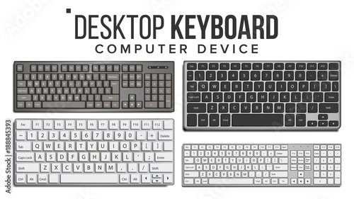 Desktop Keyboard Set Vector. Wireless Modern Plastic Tool. Top View. Isolated On White Illustration