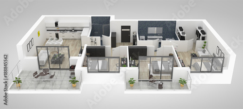 Floor plan of a house top view 3D illustration. Open concept living appartment layout photo