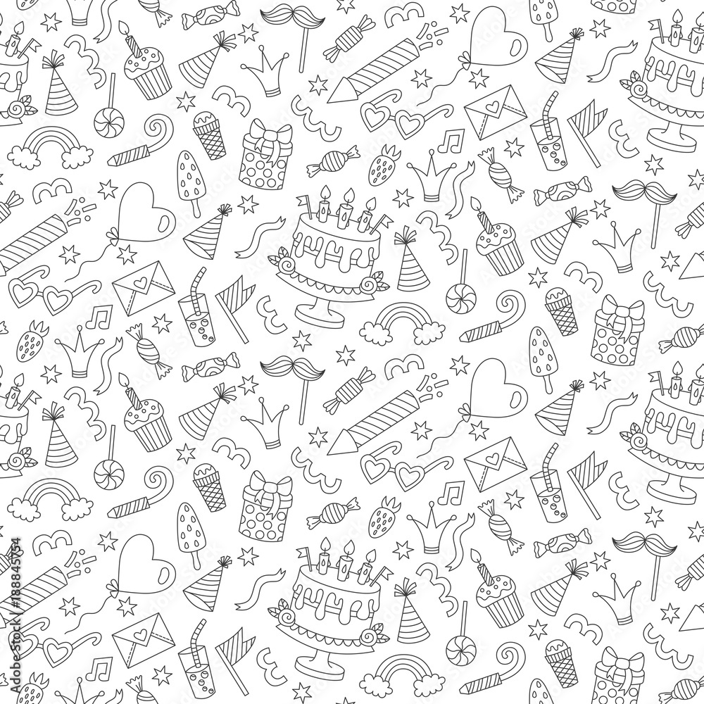 Birthday doodle icons line seamless vector pattern