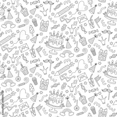 Birthday doodle icons line seamless vector pattern