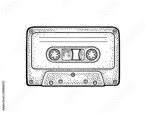Retro audio cassette. Vintage vector black engraving illustration