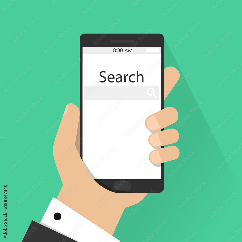 Man holding smartphone in hand. Mobile app for phones. Search on the internet. Vector illustration flat design. Isolated on background. Searching concept. Modern technologies.