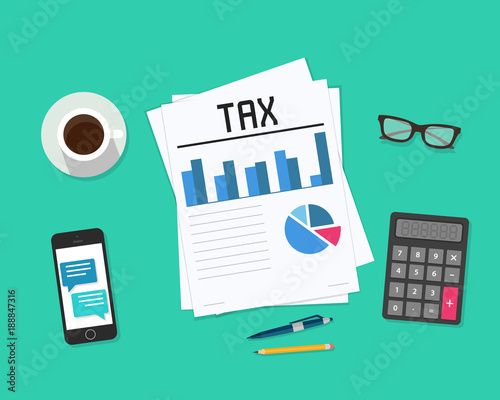 Tax payment. Government, state taxes. Data analysis, paperwork, financial research, report. Businessman calculation tax return. Flat design. Form vector. Payment of debt.