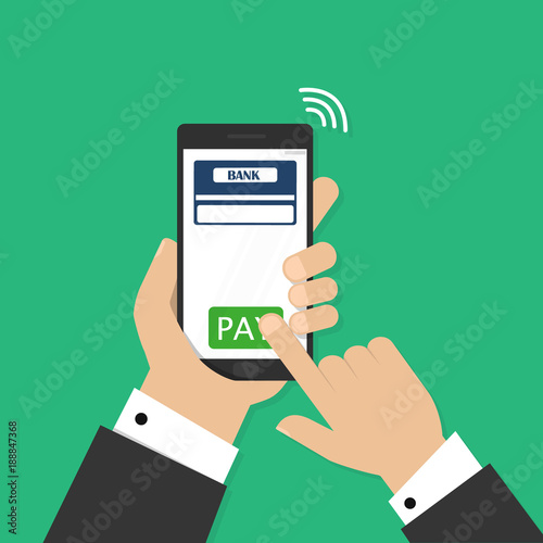 Mobile payment credit card, hand holding phone, flat design vector