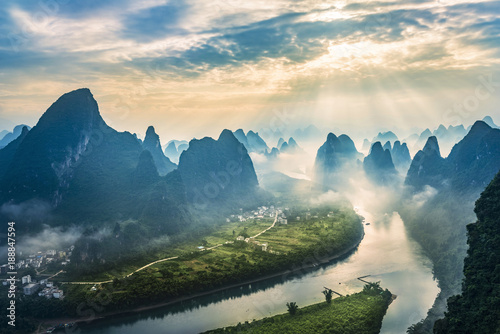 Landscape of Guilin, Li River and Karst mountains. Located near The Ancient Town of Xingping, Yangshuo, Guilin, Guangxi, China. photo