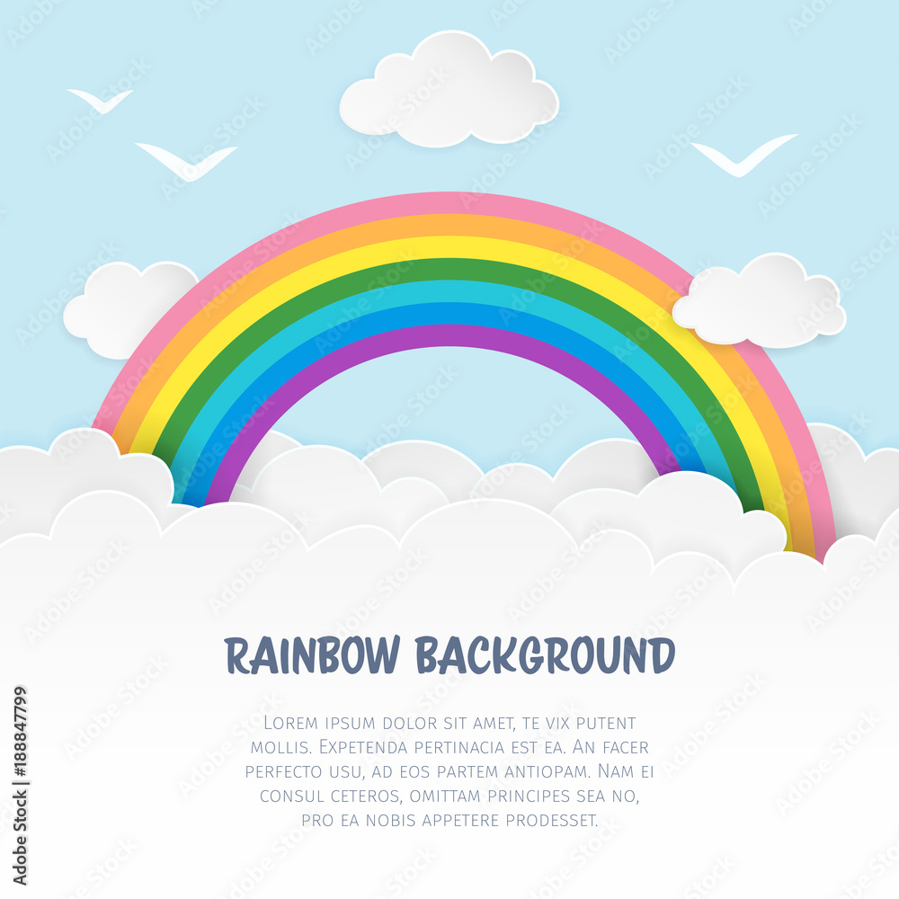 custom made wallpaper toronto digitalLight blue cloudscape background with birds silhouettes and rainbow. Cloudy soft landscape background. Clean and minimal paper art. Baby room decor. Vector Illustration.