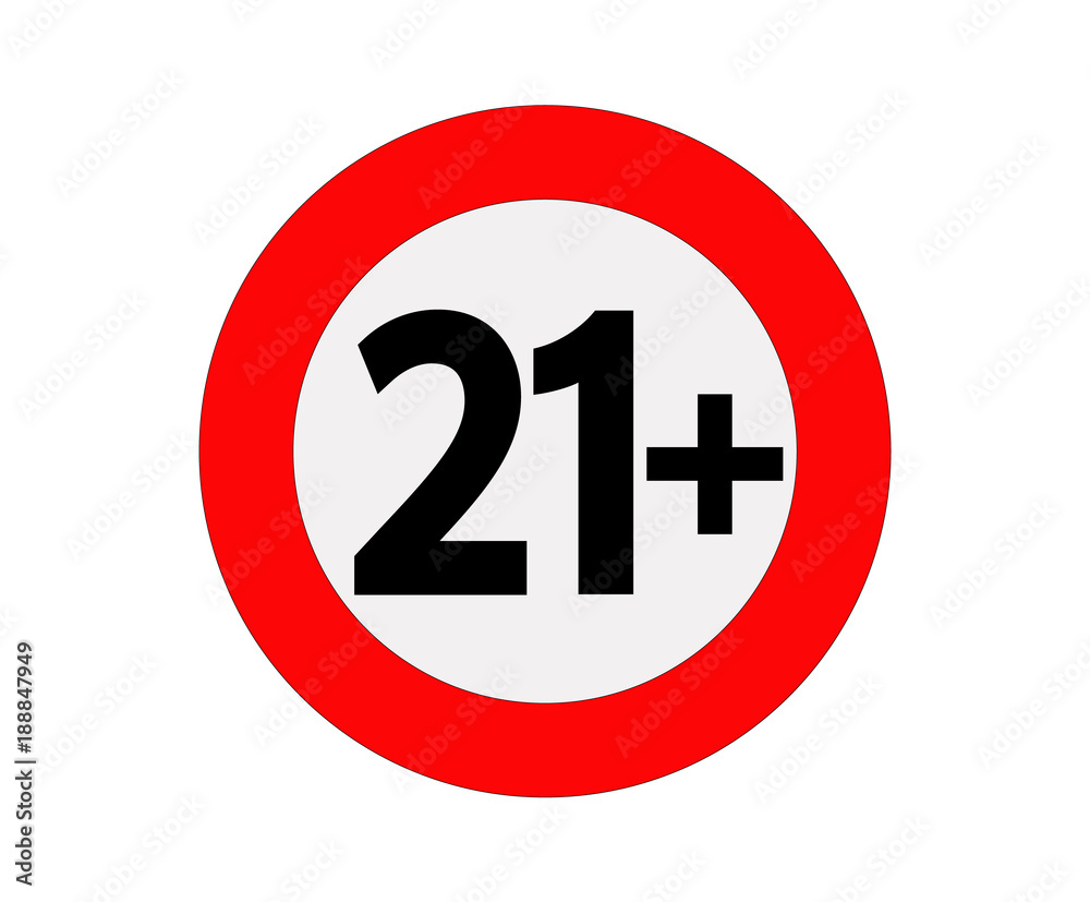 Age limit sign or icon in red. Vector signal, only older than 21 years old. Prohibited under 21 years, restriction concept. Age limit sign or icon in red. Vector signal, only older than 21 years old. Prohibited under 21 years, restriction concept.