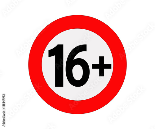 Age limit sign or icon in red. Vector signal, only older than 16 years old. Prohibited under 16 years, restriction concept.