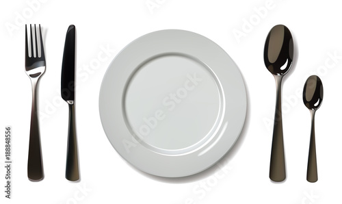 Empty plate with spoon, knife and fork on a white background. Mesh