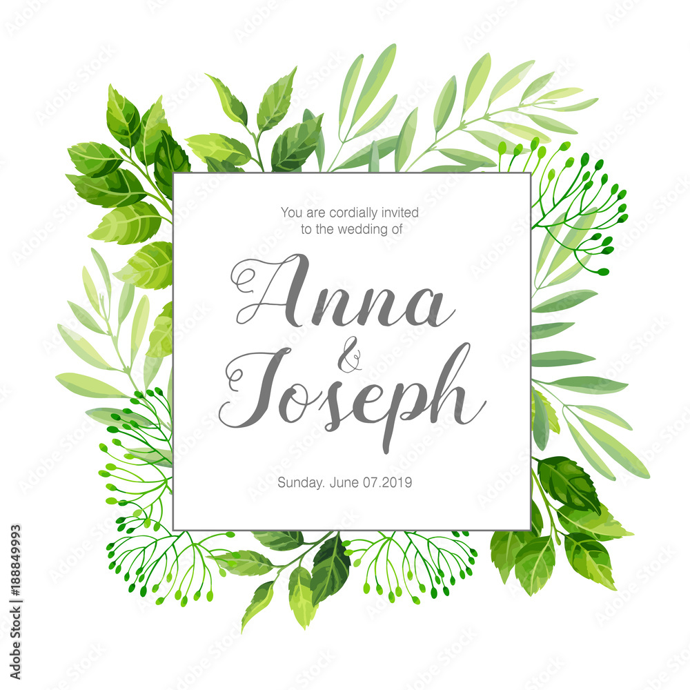 Wedding invitation with green leafs border. Vector illustration.