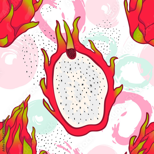 Beautiful hand drawn tropical seamless pattern. Tropical fruits pattern. Dragonfruit, pitaya,pitahaya.