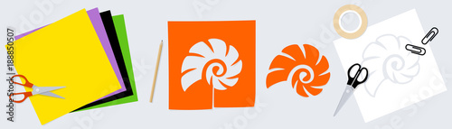 Vector banner with colored paper, pencil, adhesive line, clips, scissors and silhouette of cockle shell cut out from paper