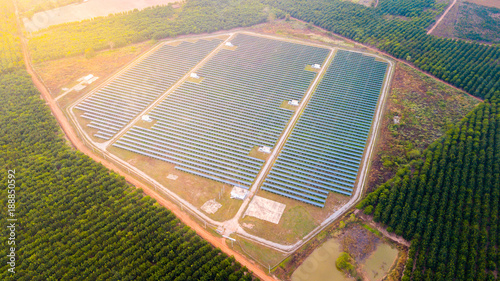 High angle view of solar panels on an energy farm