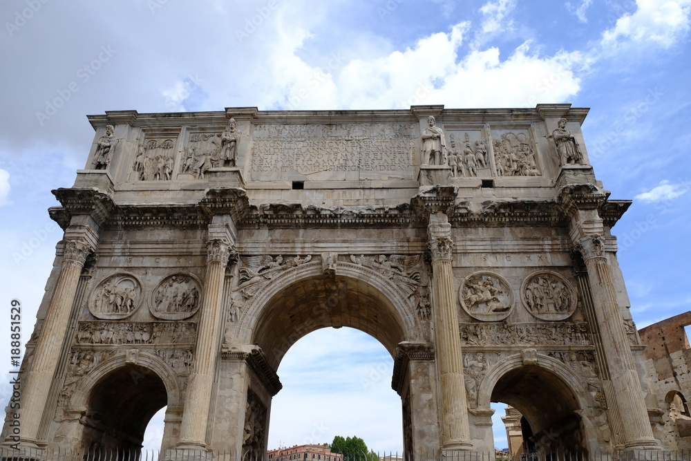 Triumphal Arch of Constantine. Constructed in the period 312 and 315 AD, the arch lies between the coliseum and the Palatine Hill
