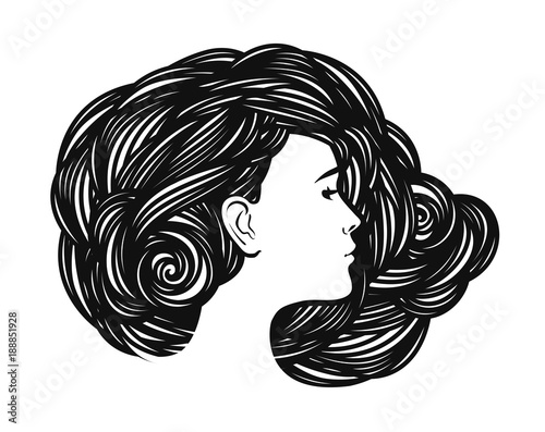 Portrait of beautiful girl, young woman with long hair. Beauty salon, spa, fashion, beauty label or logo. Vector illustration