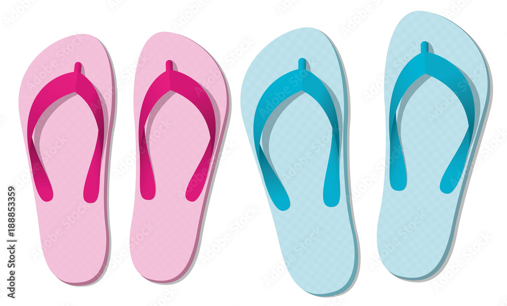 Sandals or flip flops - two pairs of summer fun footwear for man and woman - symbolic for love couple on beach holiday, honeymoon or romantic recreation - isolated vector illustration on white. Sandals or flip flops - two pairs of summer fun footwear for man and woman - symbolic for love couple on beach holiday, honeymoon or romantic recreation - isolated vector illustration on white.