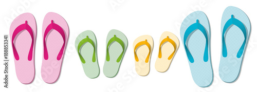 Flip flop family - set of sandals for parents and children - beach holiday fun at summer - isolated vector illustration on white background.