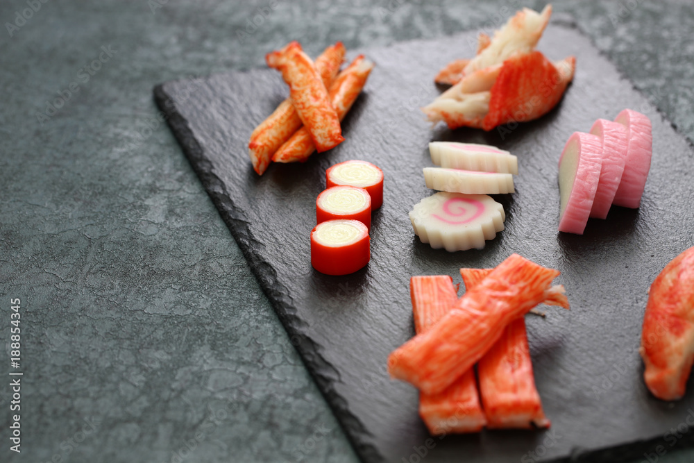 variety of surimi products, imitation crab sticks, japanese food Stock
