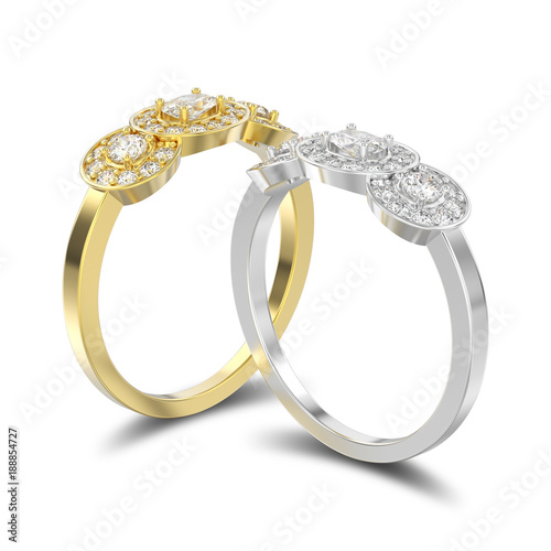 3D illustration isolated two yellow and white gold or silver three stone solitaire engagement rings with shadow