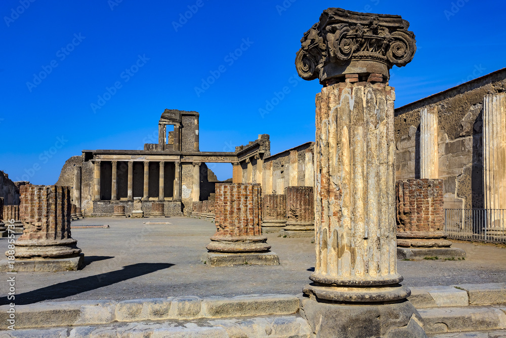 Italy. Ancient Pompeii (UNESCO World Heritage Site). The Basilica - brick columns of the central nave