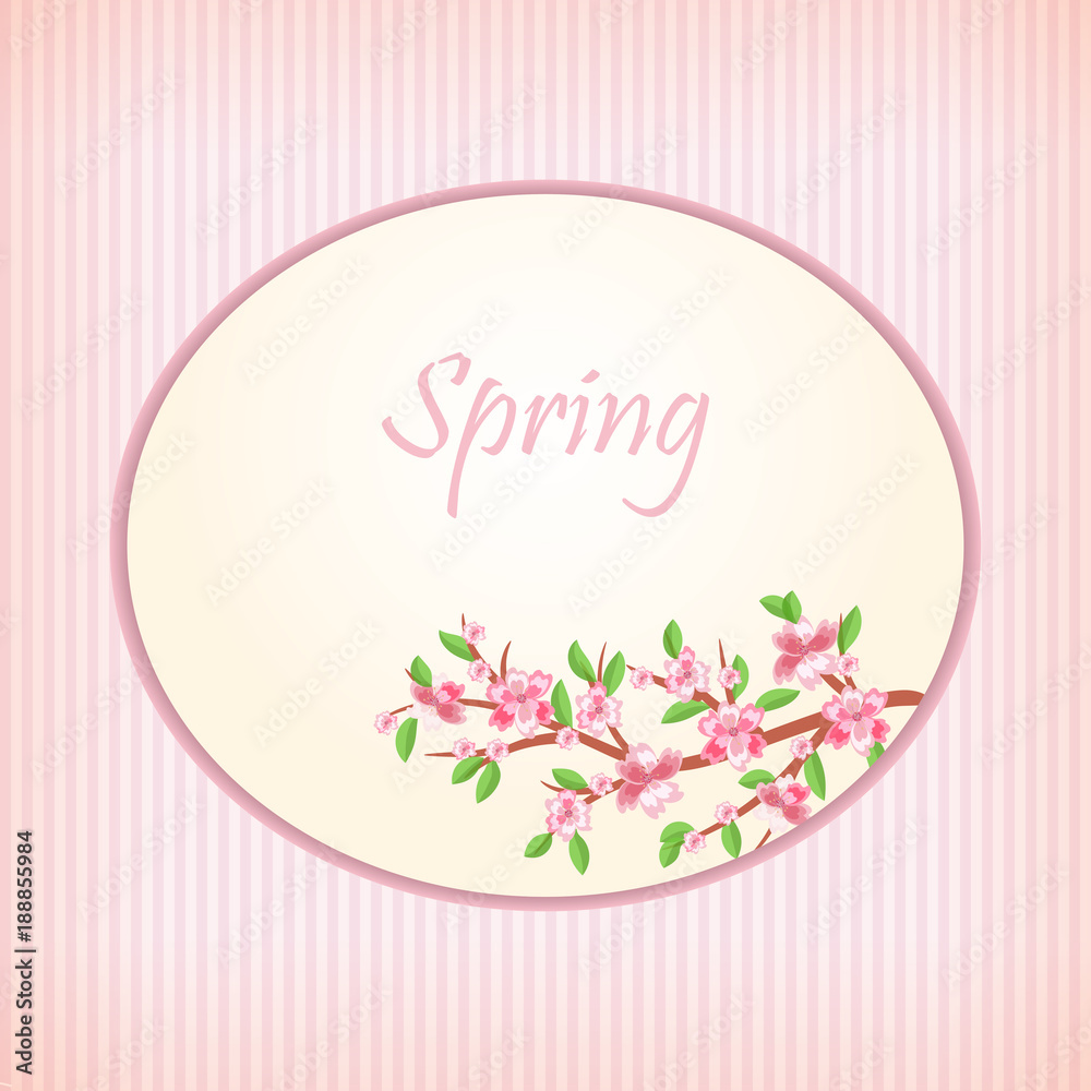 Spring in the cherry orchard. Cherry blossoms on the spring sky. Sunny warm day. Card. vector illustration. Eps 10.