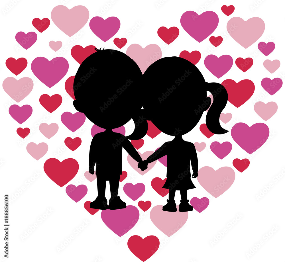Silhouettes of two small children holding hands in front of lots of ...