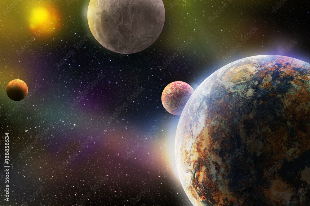 Fototapeta premium deep outer space with planets in galaxy system with solar sun and stars in 3d illustration, fantasy or science fiction book cover or wallpaper background design