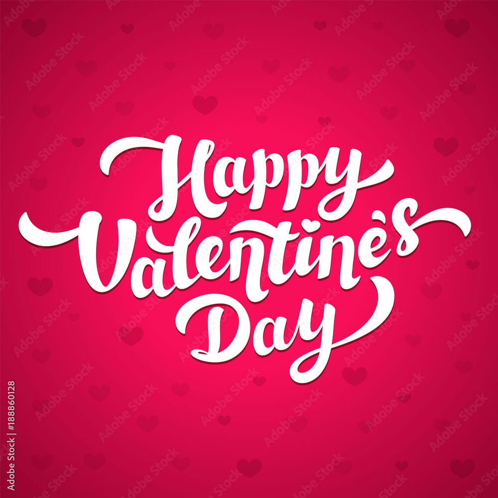 Happy Valentines Day Lettering. 14th of february greeting card. White inscription on pink background with hearts.