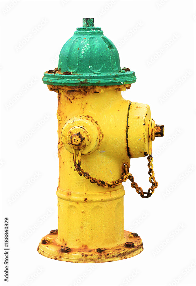 Yellow green old rusty american fire hydrant isolated on white background. Yellow and green hydrant water. Yellow green old rusty american fire hydrant isolated on white background. Yellow and green hydrant water.