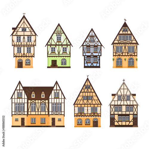 Set of isolated colored half timbered buildings on white background. Collection of flat facades of european framing houses, cottages.