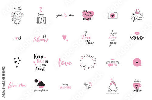 set of black, white and pink love lettering, for valentines day design poster, greeting card, photo album, banner, calligraphy vector illustration collection